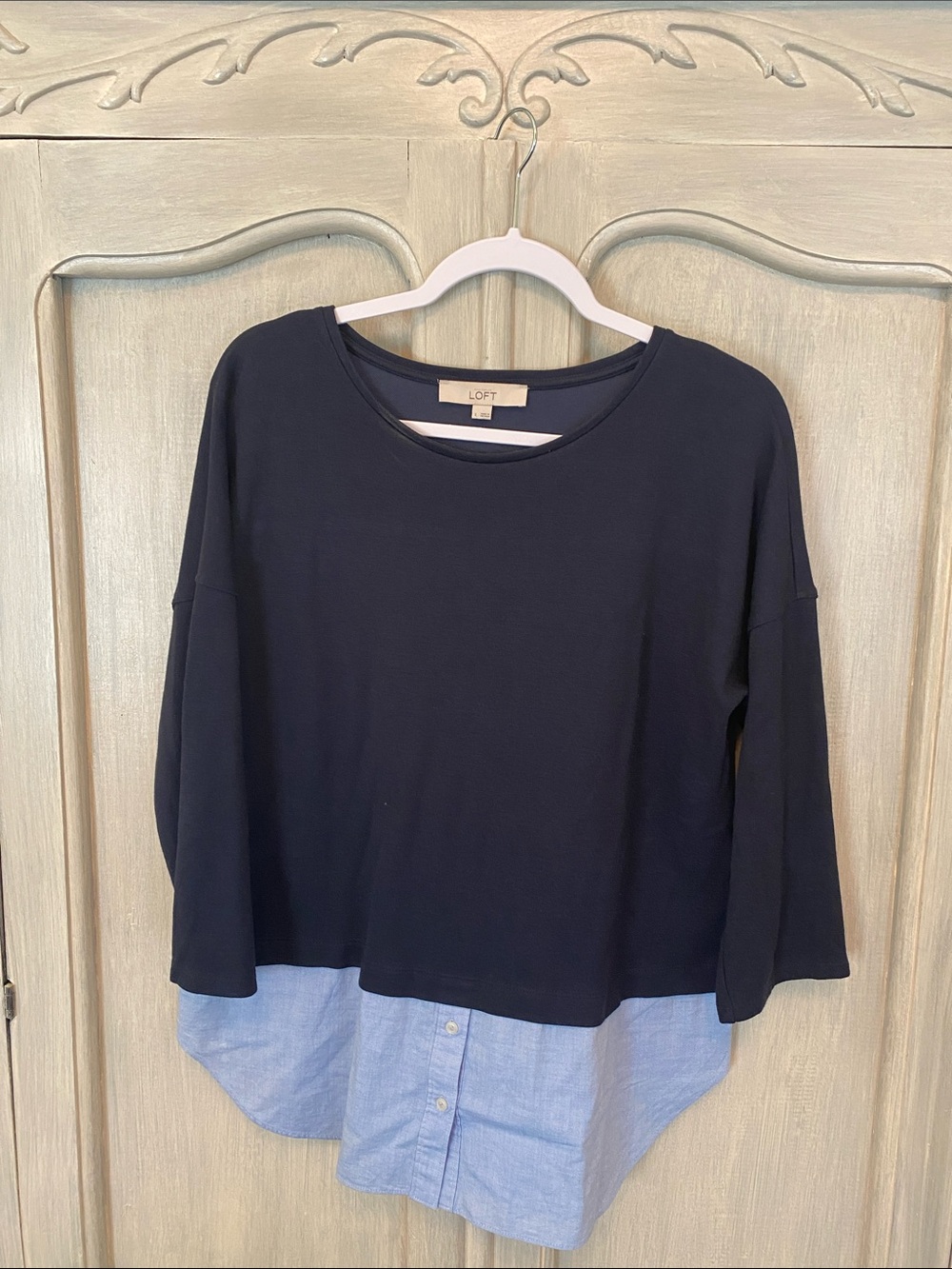 LOFT Black Pullover with Light Blue Shirt-Hem Layer